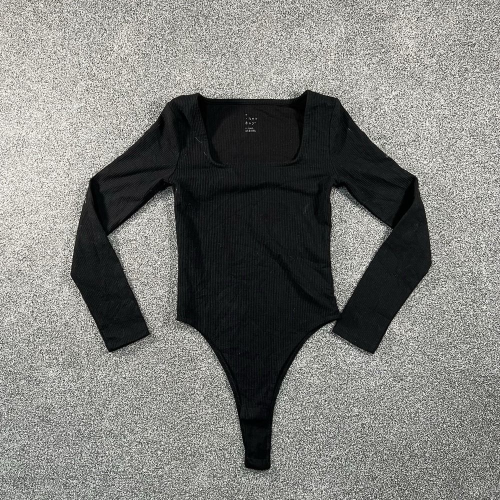 A New Day Womens XL Black Ribbed Long Sleeve Square Neck Thong Bodysuit